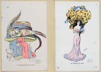 「ラデルニエールモード」、髪と帽子のスタイルを風刺したファッションプレート、1909